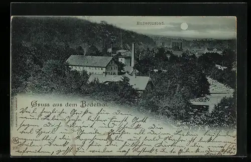 Mondschein-AK Thale / Bodethal, Blick zum Hubertusbad