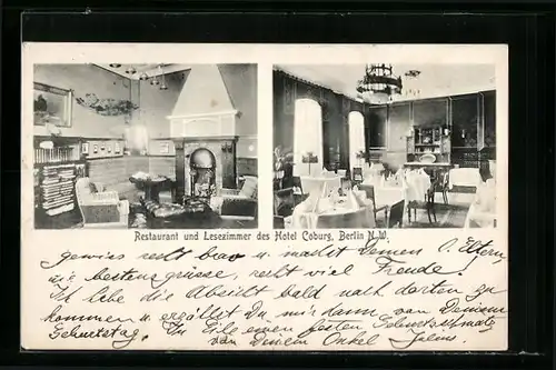 AK Berlin, Hotel Coburg, Restaurant und Lesezimmer, Georgenstrasse 23