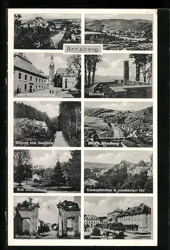 AK Arnsberg, Alter Markt mit Rathaus, Ehrenmal, Blick zum Kurhotel