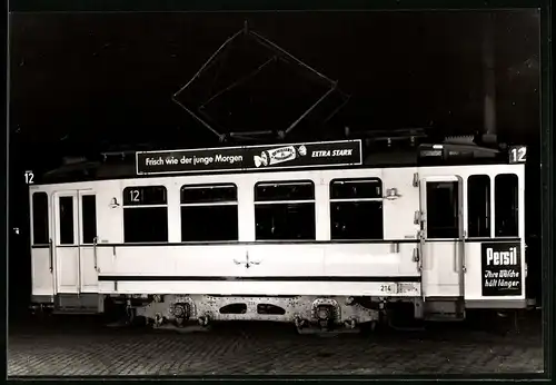 Fotografie C. Hartzenbusch, Junkersdorf, Strassenbahn-Triebwagen Nr. 214 der Linie 12 in Köln mit Persil Reklame