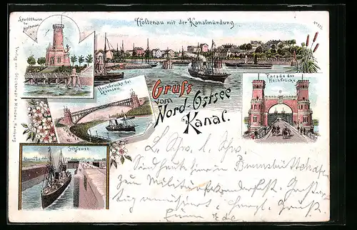 Lithographie Holtenau, Kieler Ausstellung 1896, Nord-Ostsee Kanal, Kanalmündung, Facade der Hochbrücke, Schleuse