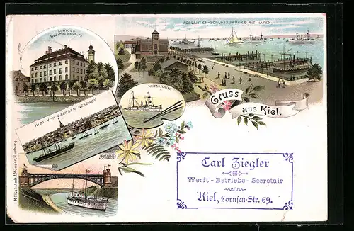 Lithographie Kiel, Seegarten-Schlossbrücke mit Hafen, Kriegsschiff, Schloss Resid. d. Prinz Heinrich v. Pr.