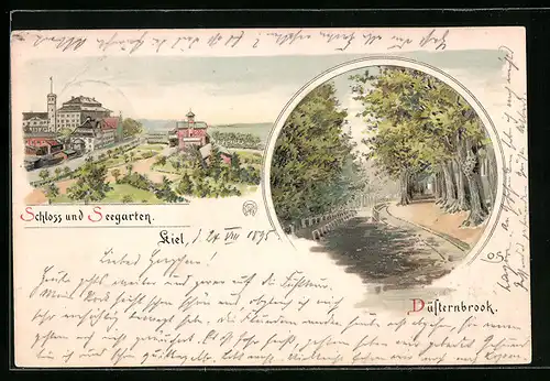 Vorläufer-Lithographie Kiel, 1895, Schloss und Seegarten, Düsternbrook