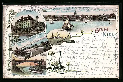 Lithographie Kiel, Schloss Resid. d. Prinz Heinrich v. Pr., Seegarten-Schlossbrücke mit Hafen, Kriegsschiff