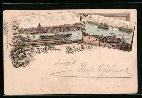 Lithographie Kiel, Totalansicht v. Gaarden aus, Kriegshafen mit Dampfschiffbrücke