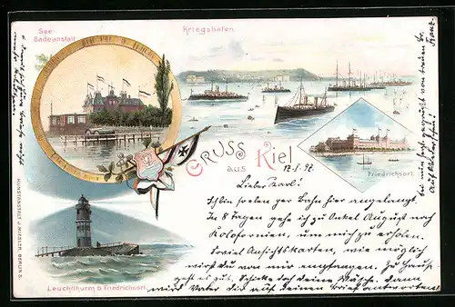Lithographie Kiel, Kriegshafen, See-Badeanstalt, Leuchtturm bei Friedrichsort