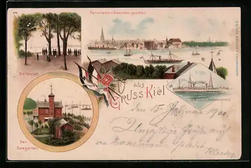 Lithographie Kiel, Bellevue, Seegarten u. Panorama vom Gaarden gesehen, SM Yacht Hohenzollern