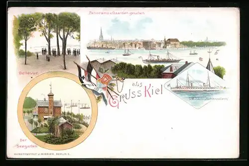 Lithographie Kiel, Panorama von Gaarden gesehen, Bellevue, Seegarten u. Kaiserl. Yacht Hohenzollern, Bahnpoststempel