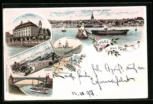 Lithographie Kiel, Seegarten-Schlossbrücke mit Hafen, Kriegsschiff, Levensauer Hochbrücke
