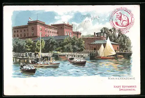 Lithographie Kiel, Ruderboote vor der Marineakademie