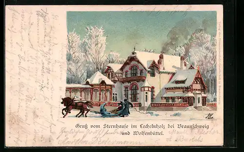 Lithographie Wolfenbüttel, Gasthaus Sternhause im Winter