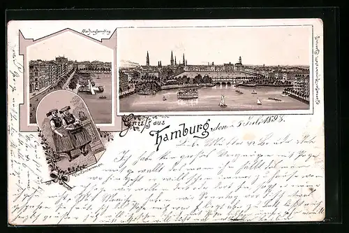 Lithographie Hamburg-Neustadt, Uferpartie, Alter Jungfernstieg, Vierländerinnen