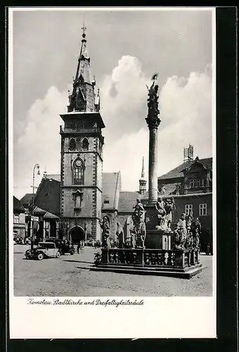 AK Komotau, Stadtkirche und Dreifaltigkeitssäule