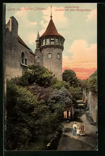 AK Teplitz Schönau / Teplice, Burggraben mit Blick auf Schlossberg