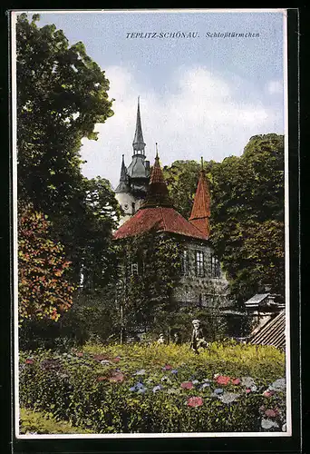 AK Teplitz-Schönau, Schlosstürmchen von einer Blumenwiese