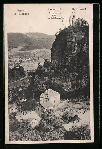 AK Tetschen-Bodenbach-Altstadt / Decin, Schäferwand mit Profil des Schäferkopfes & Bergrestaurant