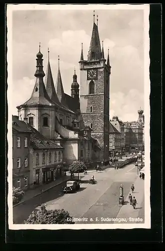 AK Leitmeritz /Elbe, Strasse mit Kirche aus der Vogelschau