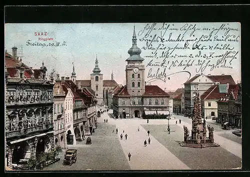 AK Saaz, Ringplatz mit Denkmal