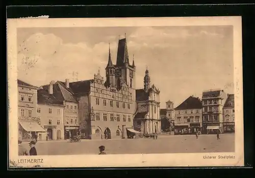 AK Leitmeritz, Unterer Stadtplatz mit Konditorei-Cafe