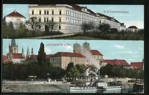 AK Leitmeritz a. Elbe, K. K. Landwehrkaserne, Uferpartie mit Dampfer