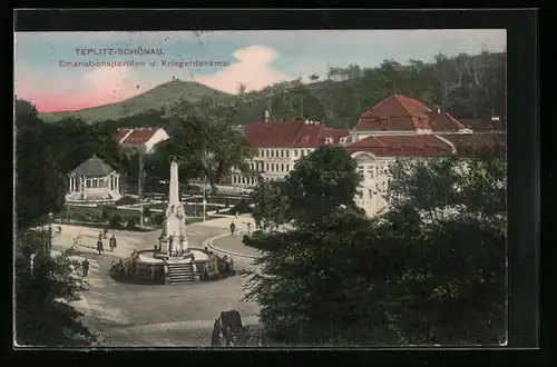 AK Teplitz-Schönau, Emanationspavillon und Kriegerdenkmal