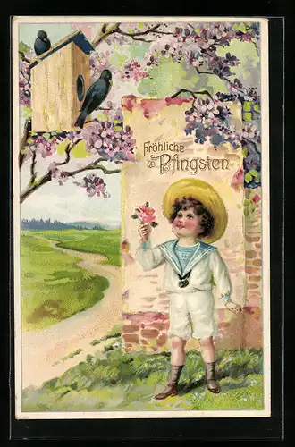 Lithographie Fröhliche Pfingsten, Knabe im Matrosenanzug zur Baumblüte