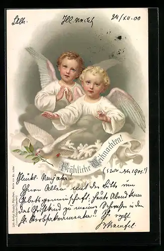 Lithographie Zwei Weihnachtsengel über einer Taube