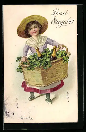 AK Prosit Neujahr!, Mädchen mit Sekt und Klee