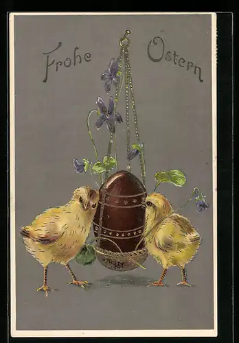 AK Osterküken mit Osterei und Veilchen