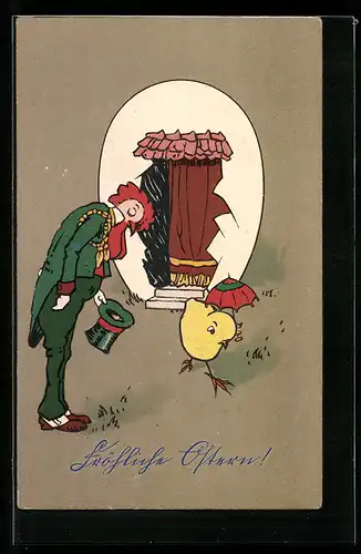 AK Vermenschlichte Tiere, Hahn im grünen Anzug, Osterküken