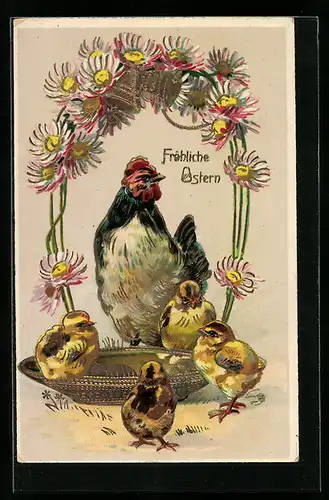 AK Fröhliche Ostern, Huhn mit Küken, Gänseblümchen, Osterküken