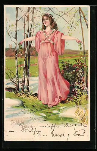 AK Fröhliche Pfingsten, Junge Frau im Empire-Kleid mit Blütenkränzen unter Birken