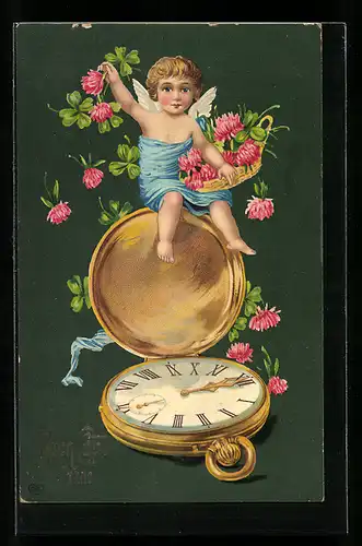 AK Engel mit Kleeblättern an einer goldenen Taschenuhr