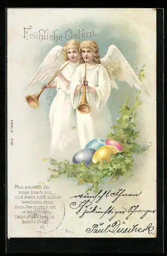 AK Fröhliche Ostern, Osterengel mit Trompeten und Ostereiern