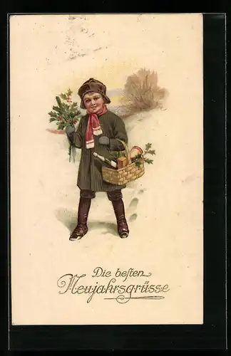 AK Junge mit Korb mit Sekt und Stechpalmenzweigen