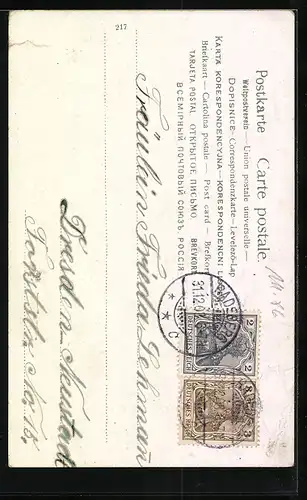 AK Neujahrsengel in Uhr mit Sektglas und Trompete