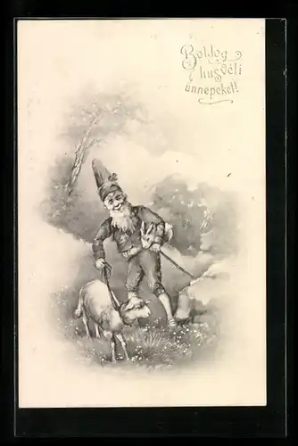 AK Zwerg mit Hasen unter dem Arm und Schäfchen an der Leine