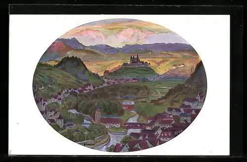 Künstler-AK Schwäbisch Hall, Blick von Schöneck auf Komburg