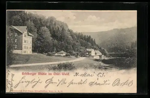 AK Gehlberger Mühle /Th., Ortsansicht mit Waldblick