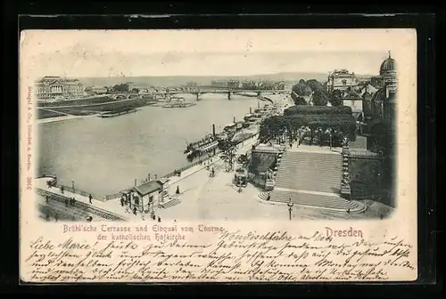 AK Dresden, Brühlsche Terrasse und Elbquai vom Hofkirchen-Turm