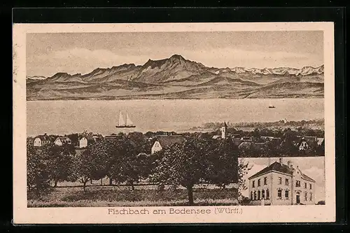 AK Fischbach am Bodensee, Gebäude, Ortsansicht mit Alpen