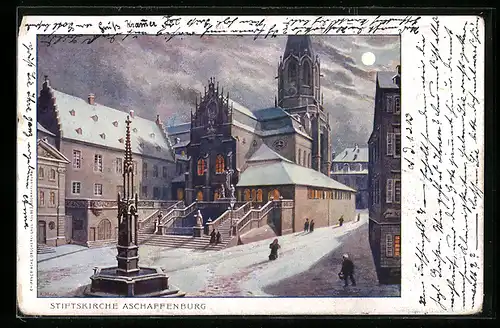 Künstler-AK Aschaffenburg, Stiftskirche bei Vollmond im Winter