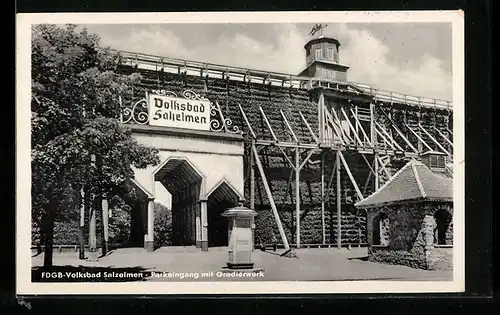 AK Salzelmen, FDGB-Volksbad, Parkeingang mit Gradierwerk