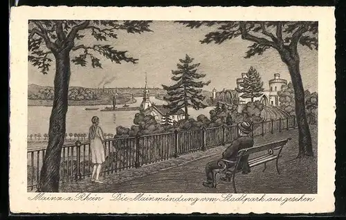 Künstler-AK Mainz a. Rhein, Die Mainmündung vom Stadtpark aus gesehen
