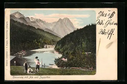 AK Riessersee, Blick auf Alp und Zugspitze