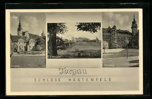 AK Torgau, Schoss Hartenfels, Schlosshof und Elbbrücke