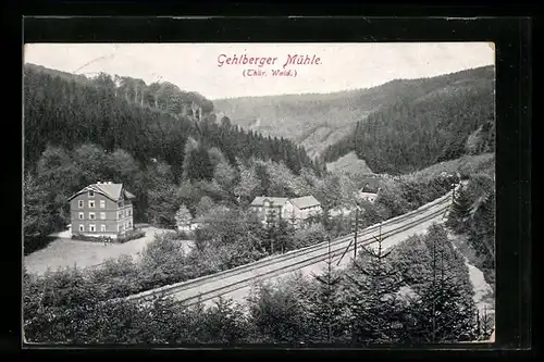 AK Gehlberger Mühle /Thür. Wald, Ortsansicht mit Bahnschienen