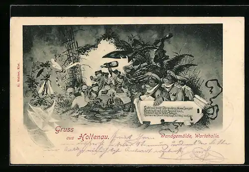 AK Holtenau, Wandgemälde an der Wartehalle