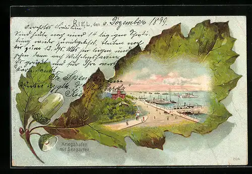 Passepartout-Lithographie Kiel, Kriegshafen mit Seegarten in einem Eichenblatt