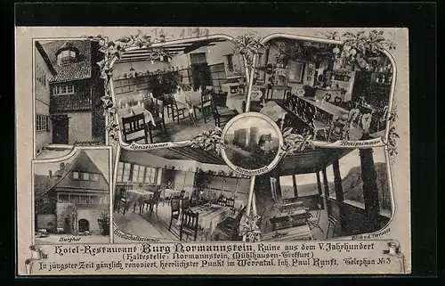AK Mühlhausen-Treffurt, Hotel-Restaurant Burg Normannstein, Innenansichten Speisezimmer und Kneipzimmer